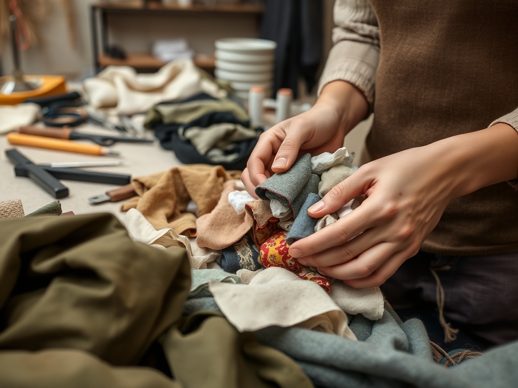 Mani care aranjează bucăți de material textil colorat pe o masă de lucru, înconjurată de unelte și obiecte de croitorie.
