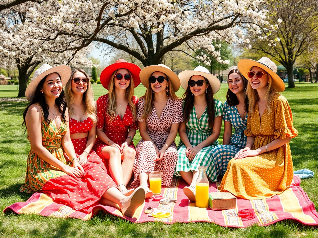 Grup de fete zâmbitoare, îmbrăcate în rochii colorate, savurând o zi de primăvară pe iarbă, în natură.