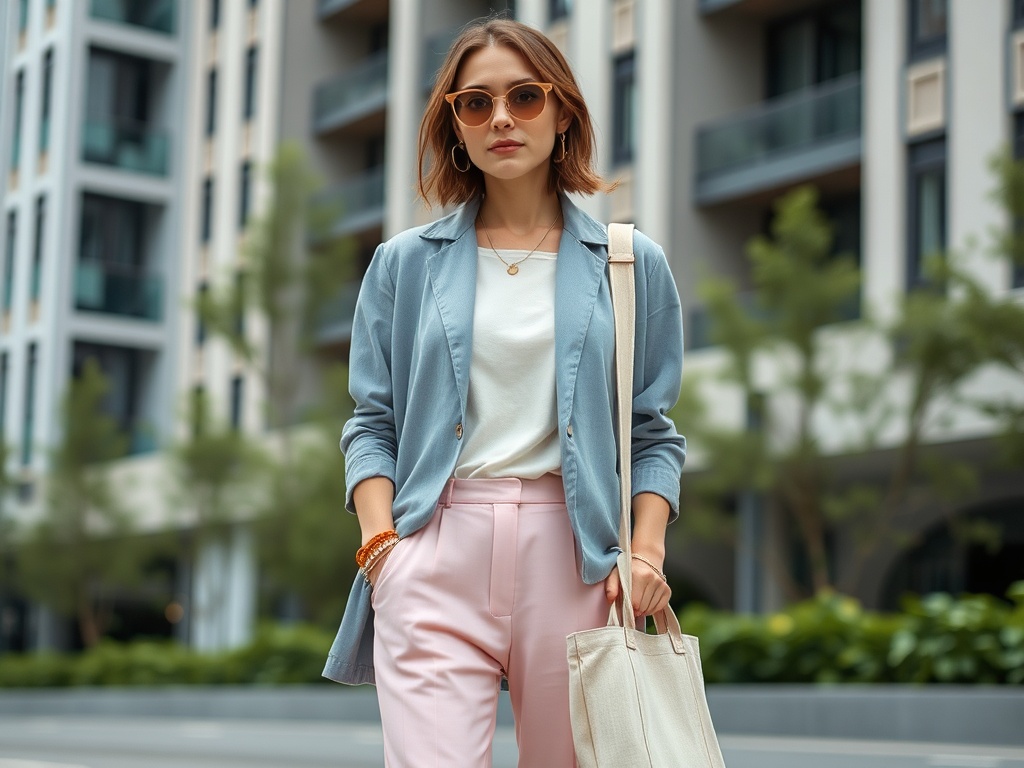 Tânără îmbrăcată elegant, cu o jachetă albastră și pantaloni roz, pozând pe o stradă urbană modernă.